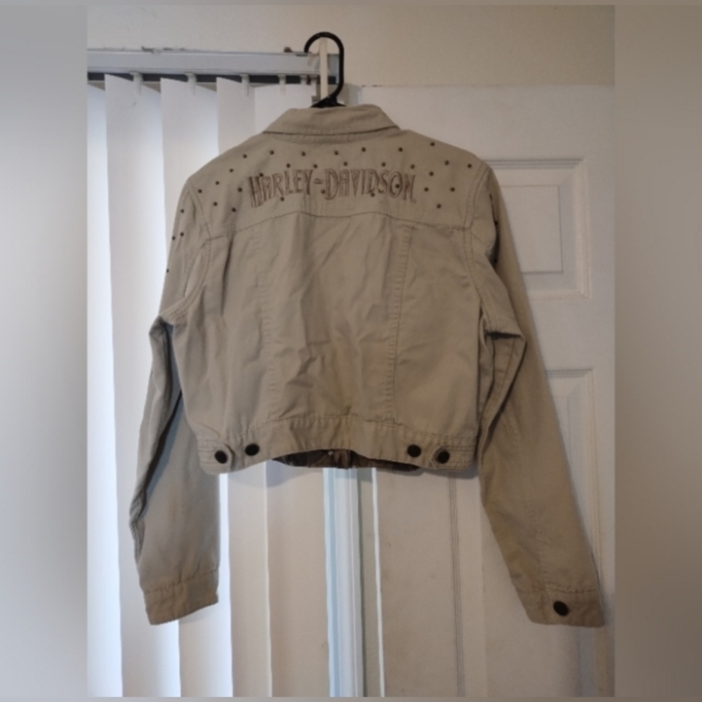 Harley Davidson Sudded Cropped Khaki Tan Jacket Size XL Pockets Adj Sleeve Waist - Picture 3 of 5